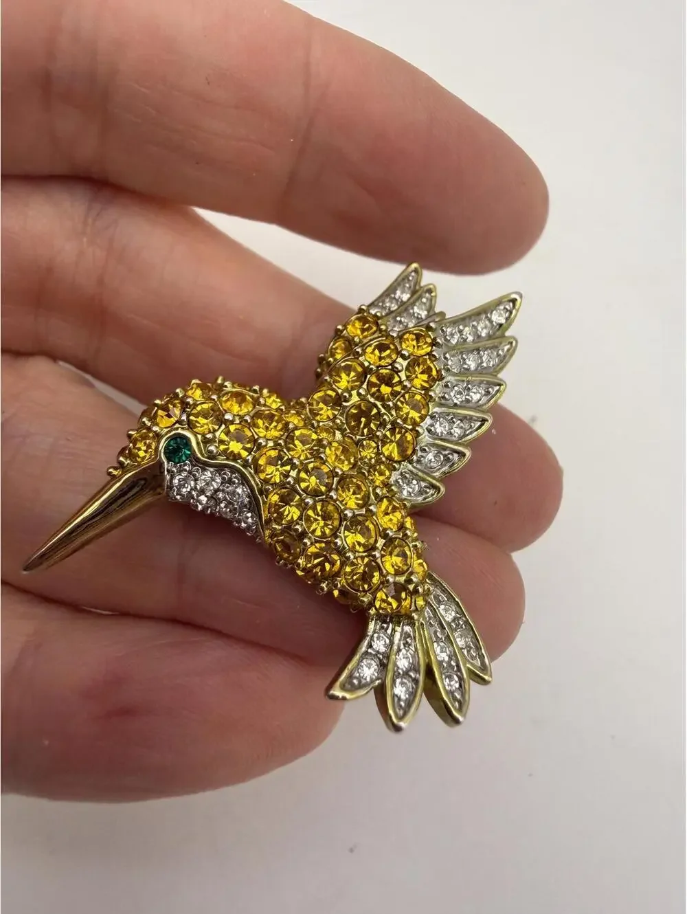 Vintage Hummingbird Brooch with Yellow and Clear Rhinestones